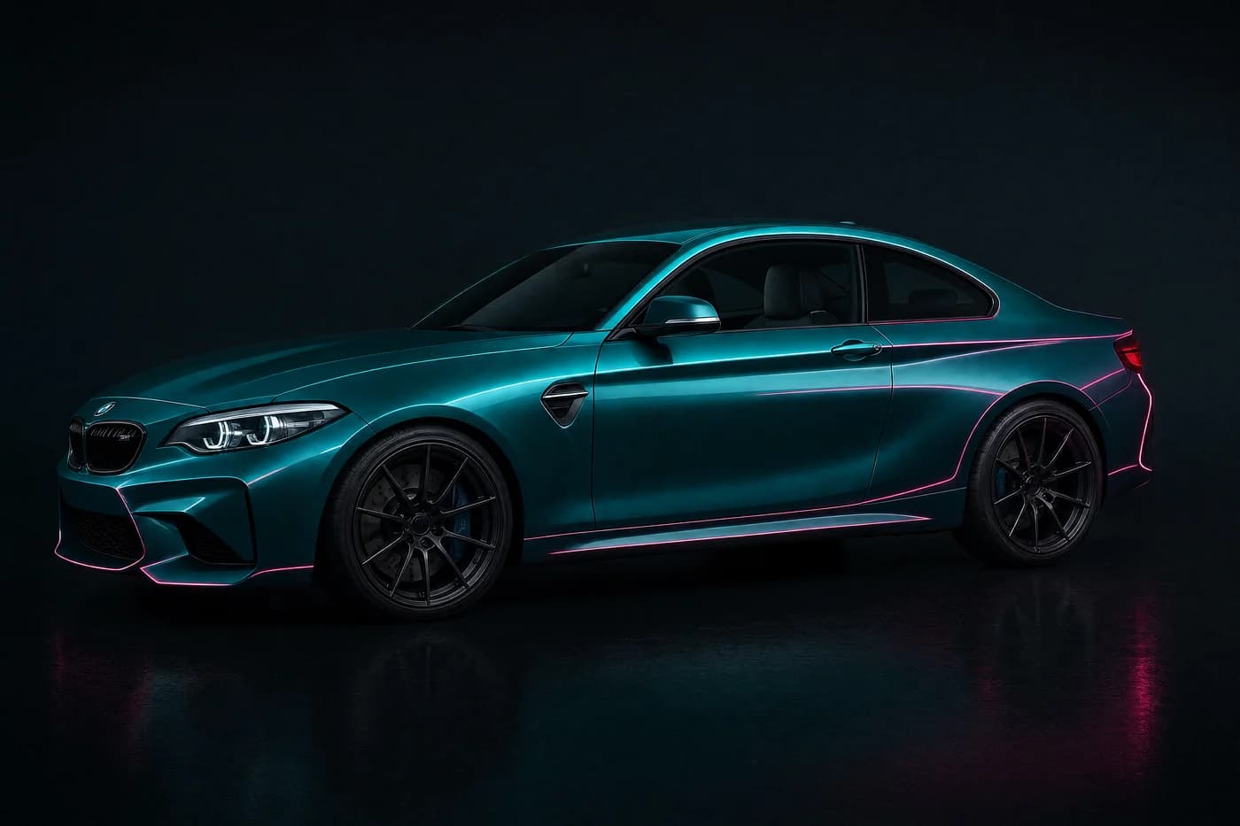 Coupé mit petrolfarbener Color-Change-Folierung in Hochglanz-Finish