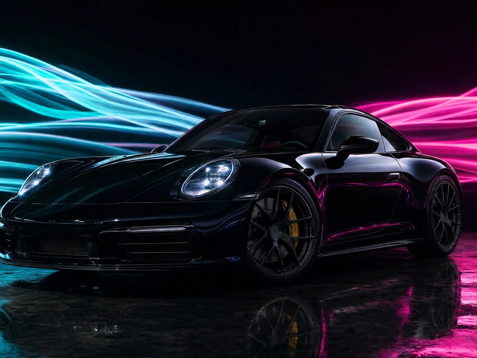 Glänzend schwarzer Premium-Sportwagen im Neon-Studio mit Türkis- und Magenta-Lichtbändern, geschützter Lack